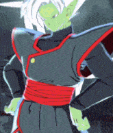 a drawing of a cartoon character with green hair and a red belt