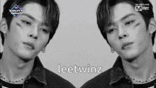 a black and white photo of a young man with the name leetwinz