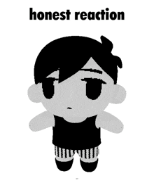 a black and white drawing of a stuffed animal with the words `` honest reaction '' written on it .