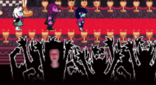 a pixel art drawing of a man standing in front of a red carpet