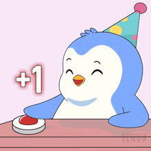 a penguin wearing a party hat is pressing a button with the number 1 on it