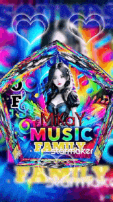 a colorful poster with a girl and the words " mikey music family "