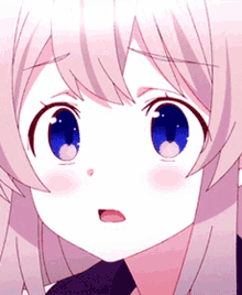 a close up of a anime girl 's face with blue eyes