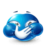 a blue smiley face covering its mouth with a white hand