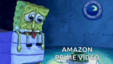 a cartoon of spongebob sitting on a toilet with the words amazon prime video above him