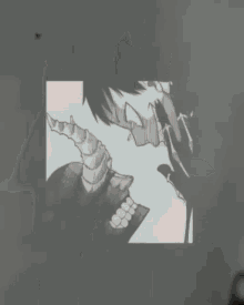 a black and white drawing of a dragon on a grey background