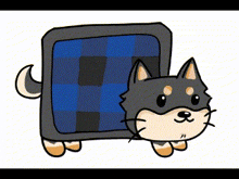 a cartoon drawing of a dog wearing a blue plaid blanket