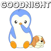 a penguin is sitting next to a dog that says goodnight on the bottom