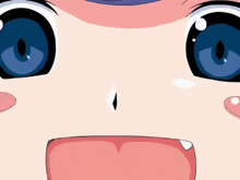 a close up of a cartoon face with blue eyes