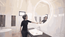 a woman is touching a round mirror in a bathroom made in animatica