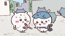 a cartoon of two bears standing next to each other with one wearing a hat with the letter l on it