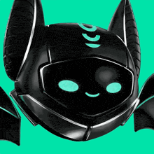 a close up of a black robot with blue eyes and horns