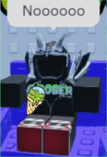 a roblox character holding an ice cream cone with the word nooooo on it