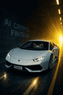a white sports car is driving through a tunnel with the words ai crypto fintech written on the wall behind it