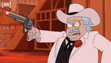 a cartoon of a man in a white suit pointing a gun with a red light on it