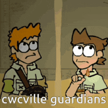 two cartoon characters sitting next to each other with the words cwcville guardians on the bottom