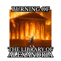 a poster for burning of the library of alexandria shows a man standing in front of a burning building