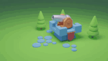 a 3d model of a castle with a cannon and trees in the background