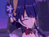 a close up of a purple haired anime character with a flower in her hair