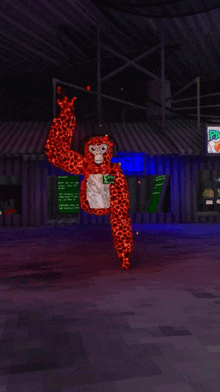 a cartoon drawing of a leopard standing in front of a sign that says ' soda ' on it