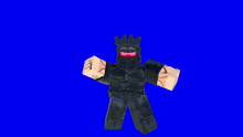 a cartoon character with red eyes and a crown on his head is standing in front of a blue background