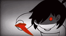 a black and white drawing of a person with a red eye
