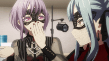 two anime girls wearing masks and pearls covering their mouths