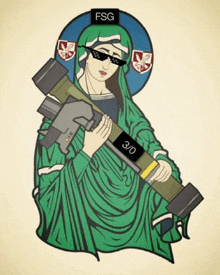 a drawing of a woman holding a rocket with a fsg label on it