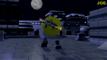 a helicopter is flying over a building with the word joe on the bottom left