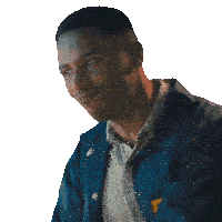 a man in a blue jacket with the words yes come on above him