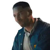 a man in a blue jacket with the words yes come on above him