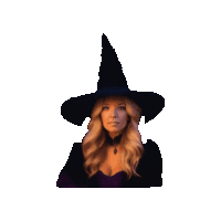 a woman wearing a witch hat and a purple dress