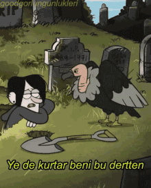 a cartoon of a vulture standing next to a man with a shovel in front of a grave