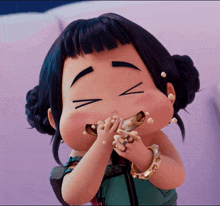 a cartoon girl with a bun is eating a banana