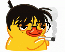 a yellow duck with glasses and black hair smoking a cigarette