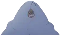 a cartoon character is wrapped in a blue blanket with a surprised look on his face