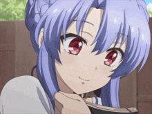 a girl with blue hair and red eyes is holding a notebook
