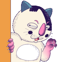 a cartoon drawing of a cat with a purple paw