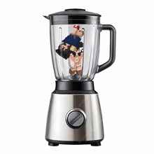 a blender with a pixelated image of a man being smashed into it