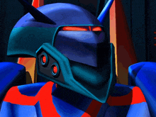 a blue robot with red eyes and a blue helmet