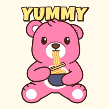 a pink teddy bear is eating noodles with chopsticks and the word yummy above him