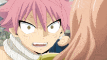 a close up of a cartoon character with pink hair making a face