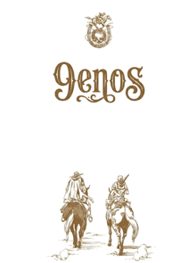 a drawing of two men riding horses with the word genos above them
