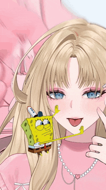 a blonde anime girl with a spongebob sticker on her forehead