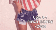a woman in a striped shirt and denim shorts is holding her stomach with her hands .