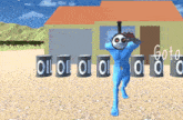 a cartoon character is standing in front of a row of oil barrels