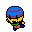 a pixel art of a person wearing a blue hat and a purple scarf .