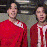 two young men are standing next to each other in a room . one of the men is wearing a red shirt and tie .