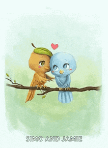 two birds are kissing on a tree branch and the words simo and jamie are below them