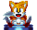 a pixel art of tails from sonic the hedgehog sitting on a trophy .